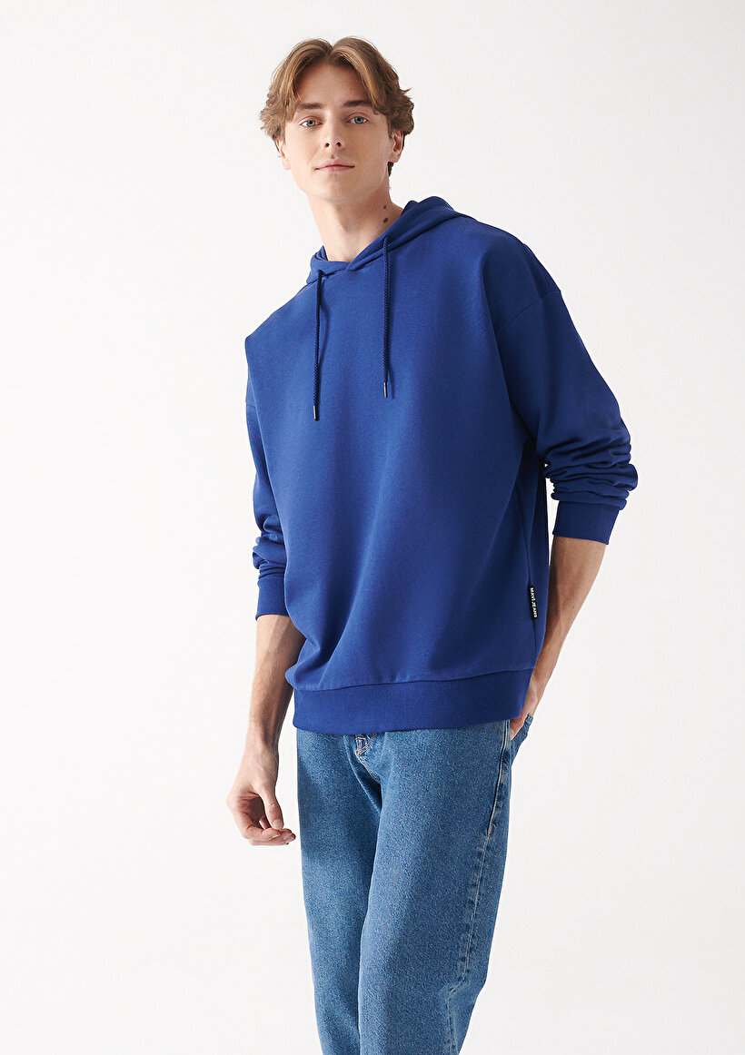 Kapüşonlu Mavi Basic Sweatshirt - 0