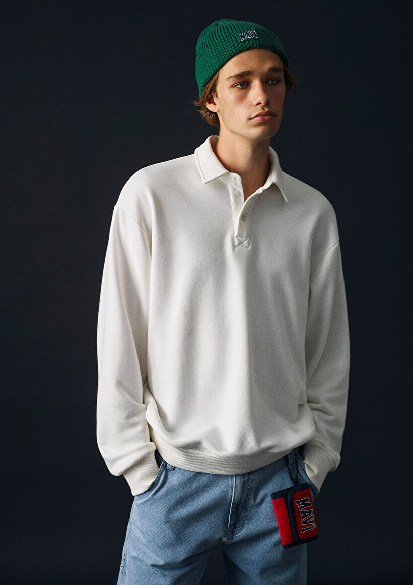 Polo Yaka Beyaz Sweatshirt - 0