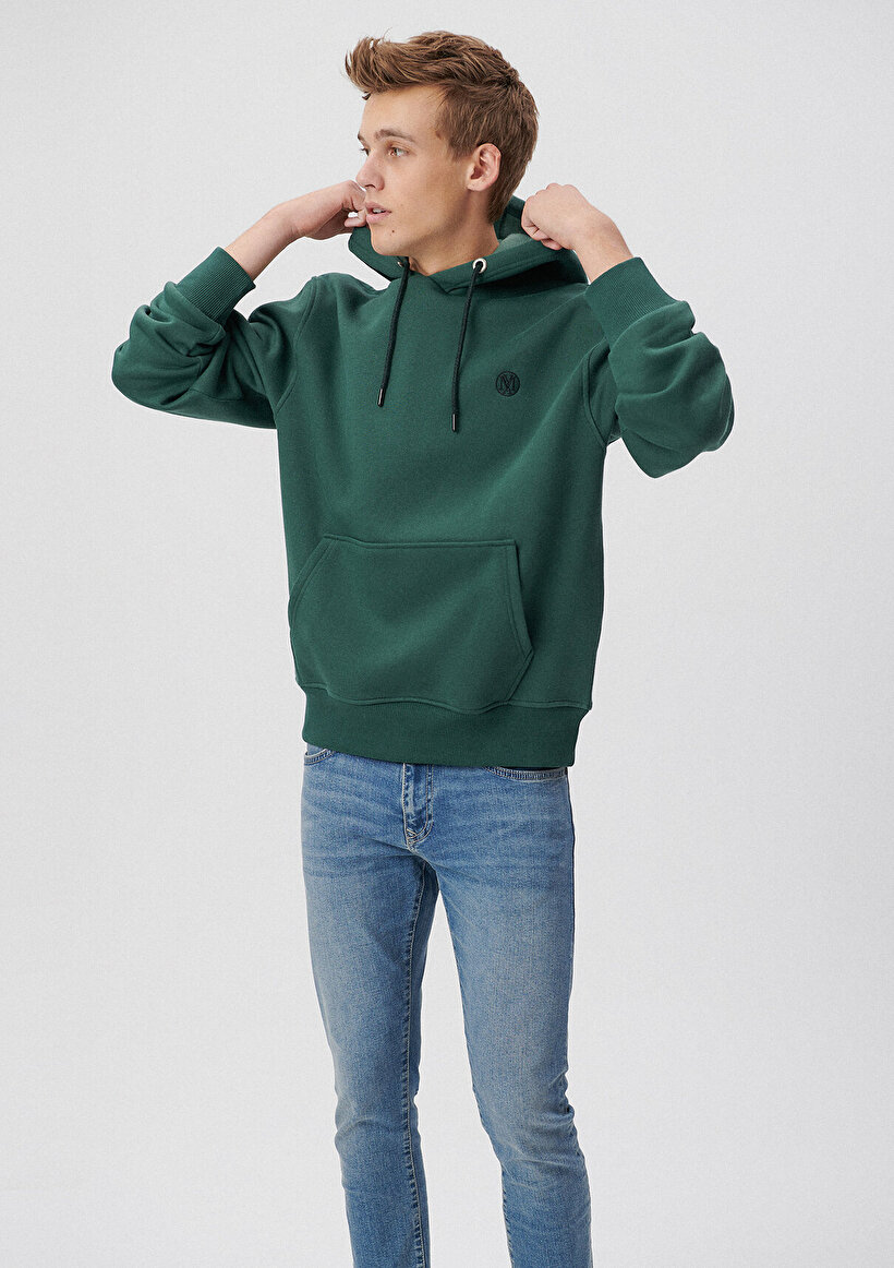 Kapüşonlu Yeşil Basic Sweatshirt - 0