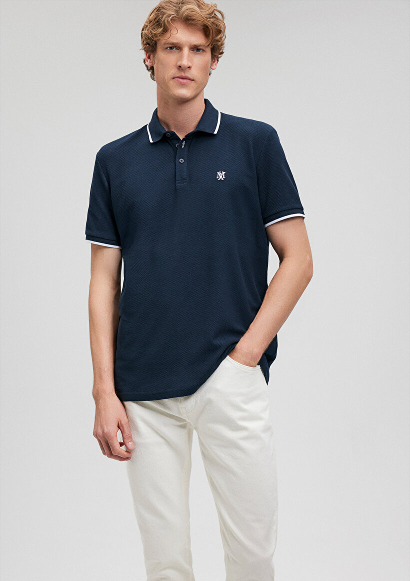 Şerit Detaylı Lacivert Polo Tişört - 0