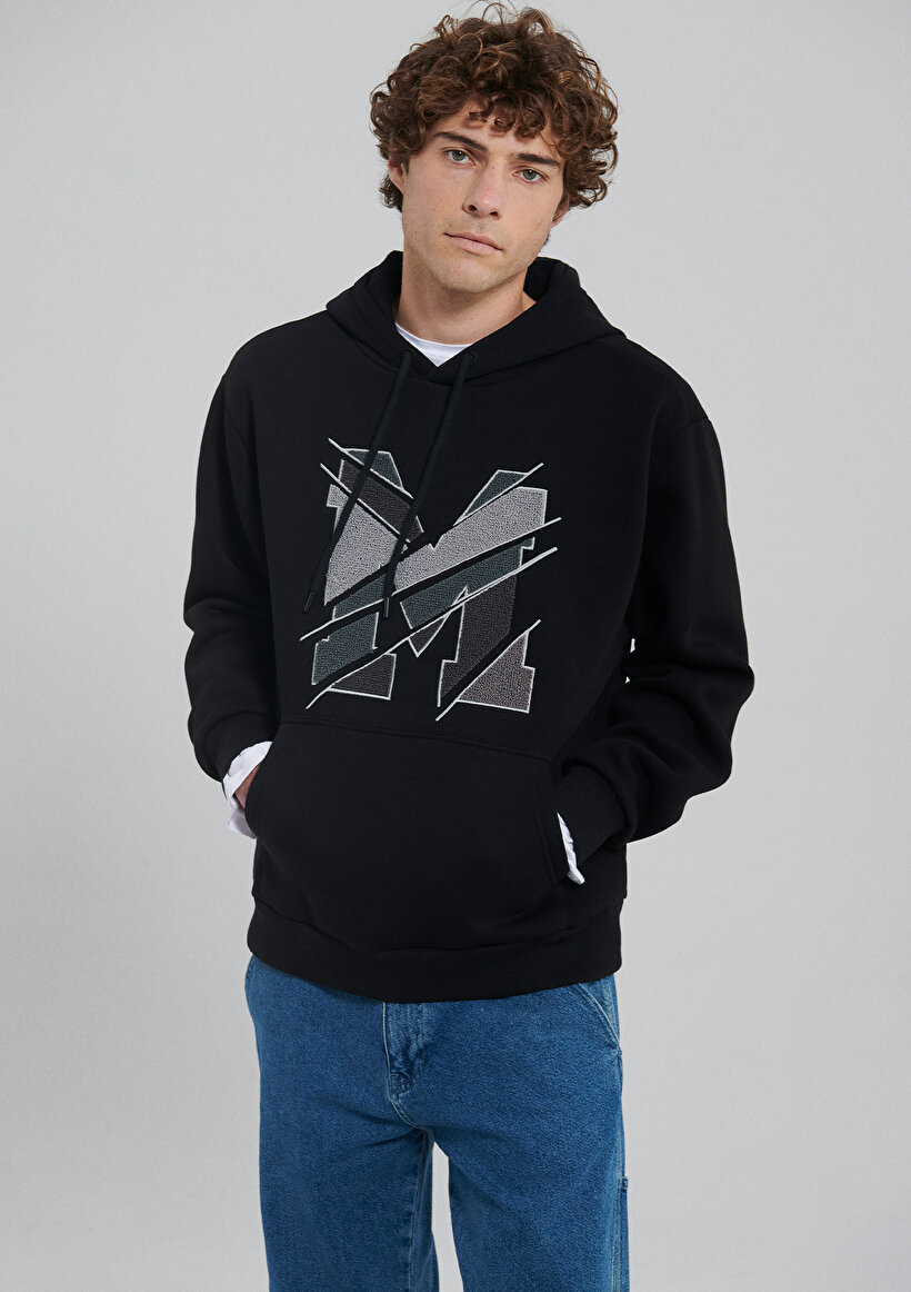 M Logo Baskılı Kapüşonlu Siyah Sweatshirt - 0