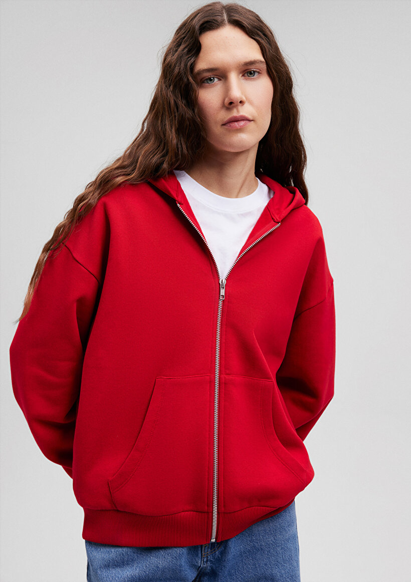 Fermuarlı Kapüşonlu Kırmızı Basic Sweatshirt - 0