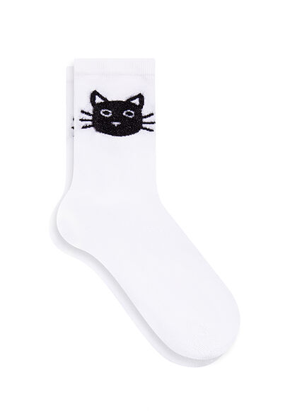 Kedi Baskılı Beyaz Soket Çorap - 0