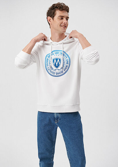 Mavi Logo Baskılı Kapüşonlu Beyaz Sweatshirt - 0