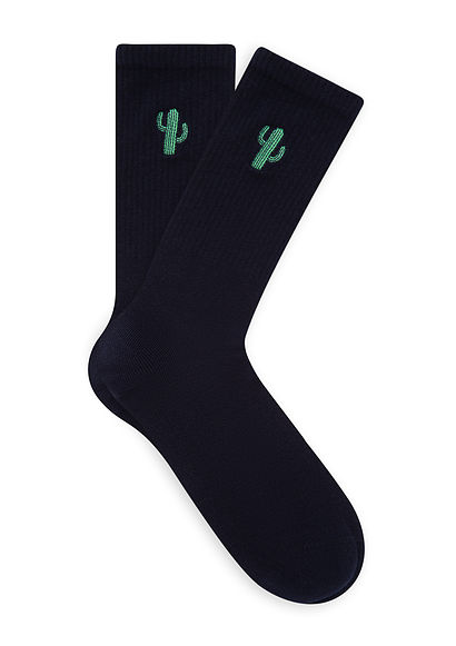 Kaktüs Nakışlı Lacivert Soket Çorap - 0