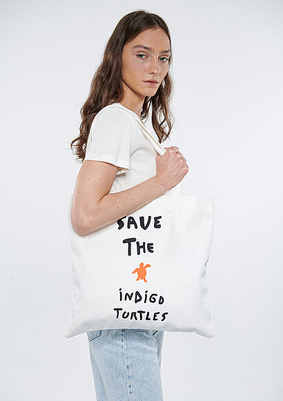İndigo Turtles Baskılı Beyaz Bez Çanta - 0