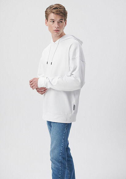 Kapüşonlu Beyaz Basic Sweatshirt - 0