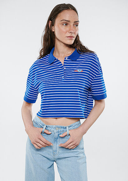 Çizgili Crop Polo Tişört - 0