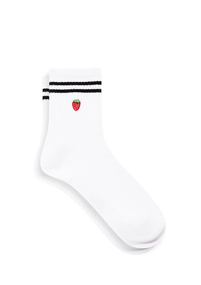Çilek İşlemeli Beyaz Soket Çorap - 0