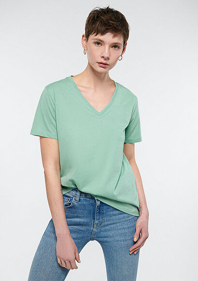 V Yaka Yeşil Basic Tişört - 0