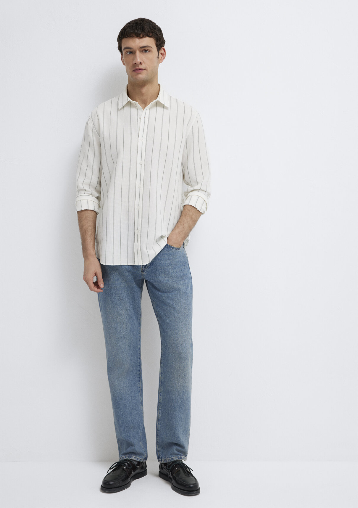 Mavi Haki Çizgili Ekru Gömlek görsel 2