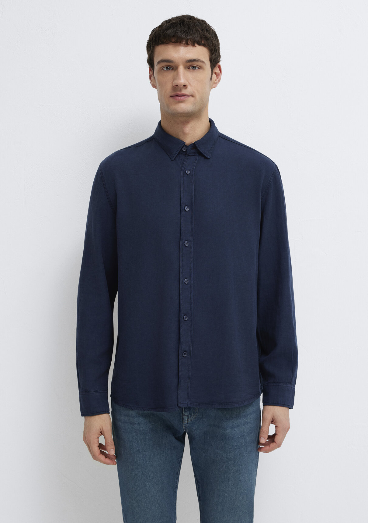 Mavi Keten Karışımlı Lacivert (TENCEL™) Liyosel Gömlek görsel 3
