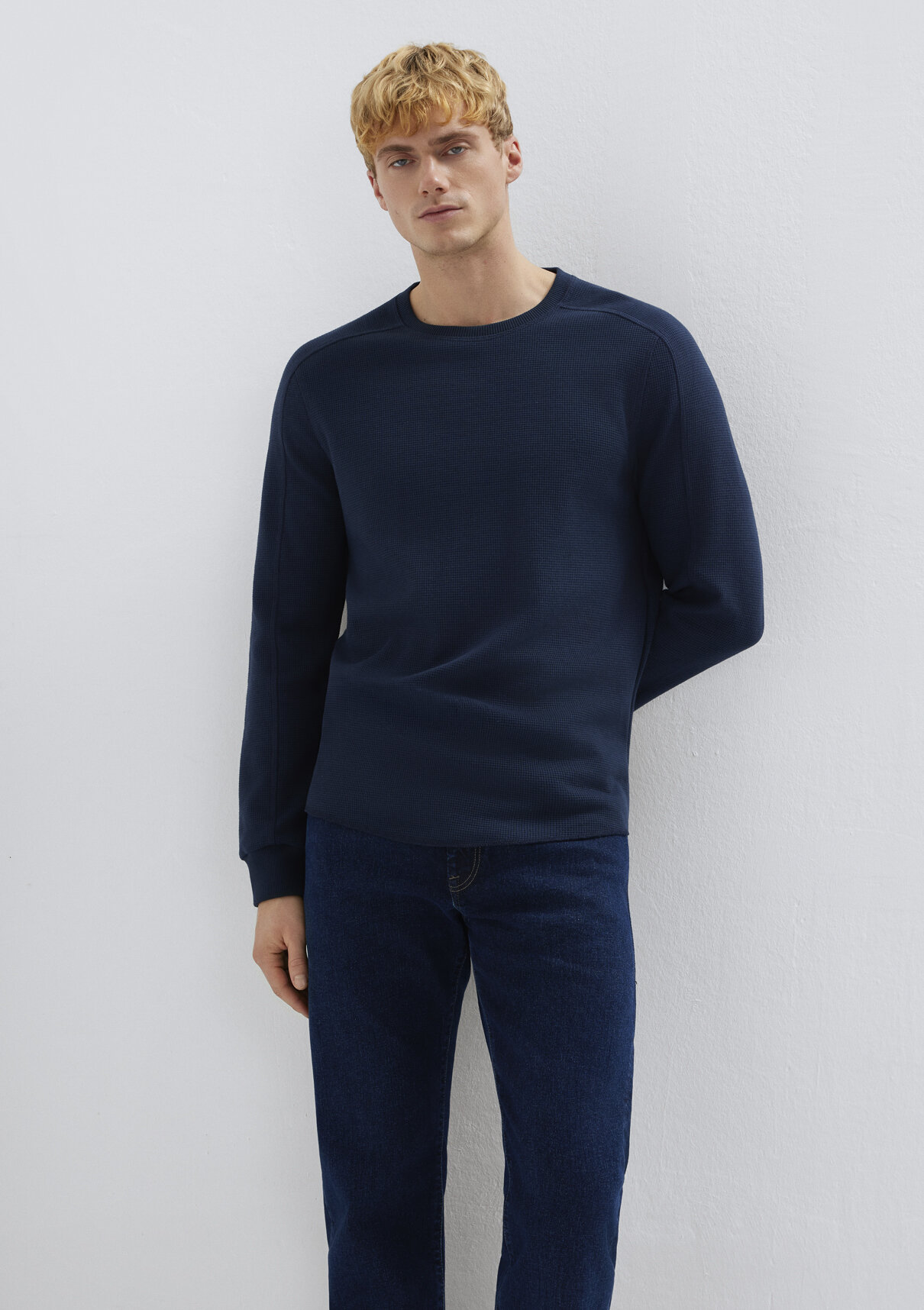 Mavi Uzun Kollu Dokulu Lacivert Basic Tişört görsel 3