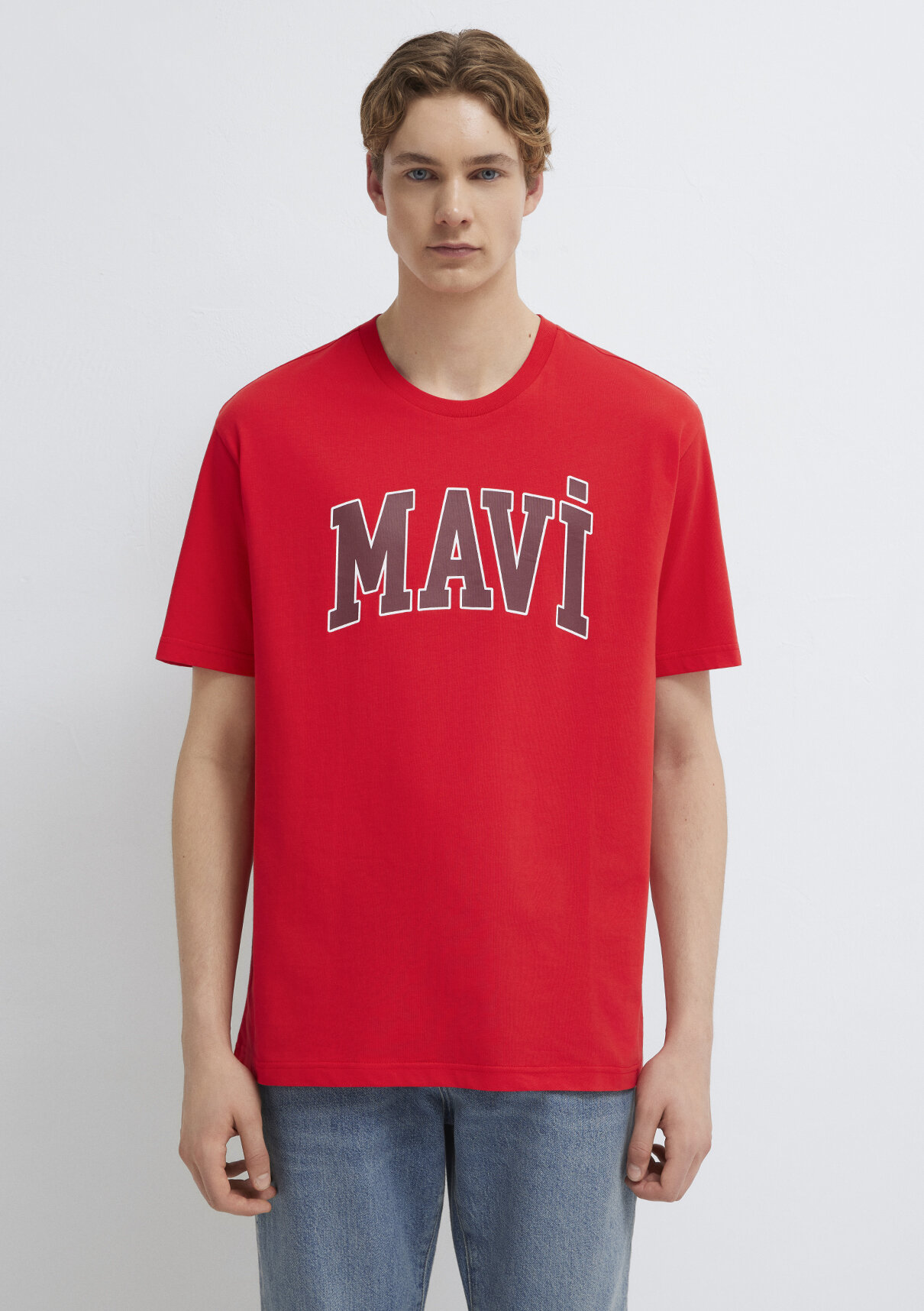 Mavi Logo Baskılı Kırmızı Tişört görsel 3