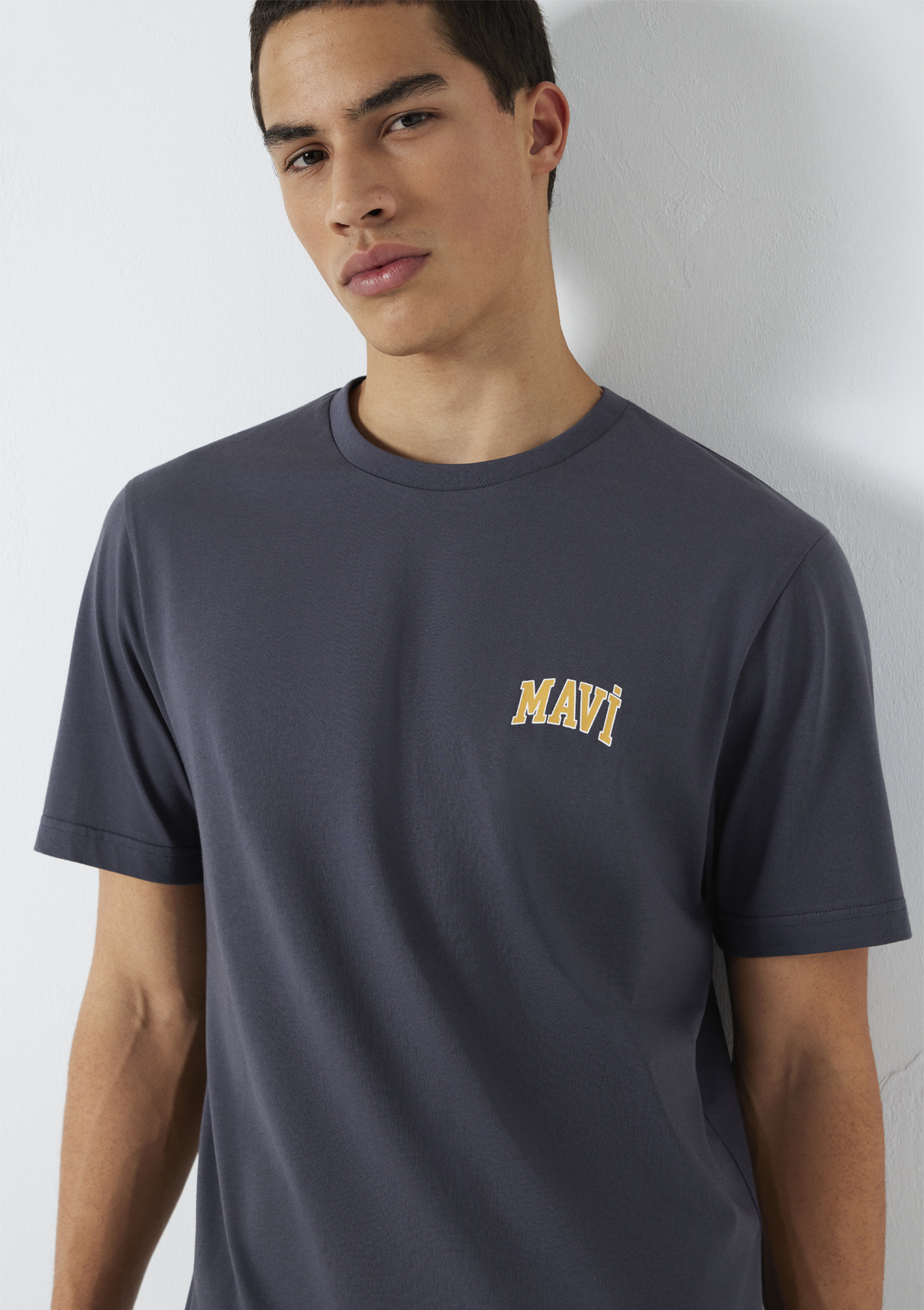 Mavi Logo Baskılı Gri Tişört