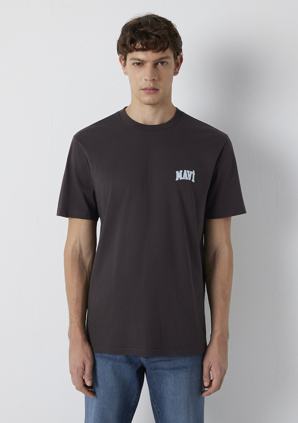 Mavi Logo Baskılı Kahverengi Tişört görsel 3