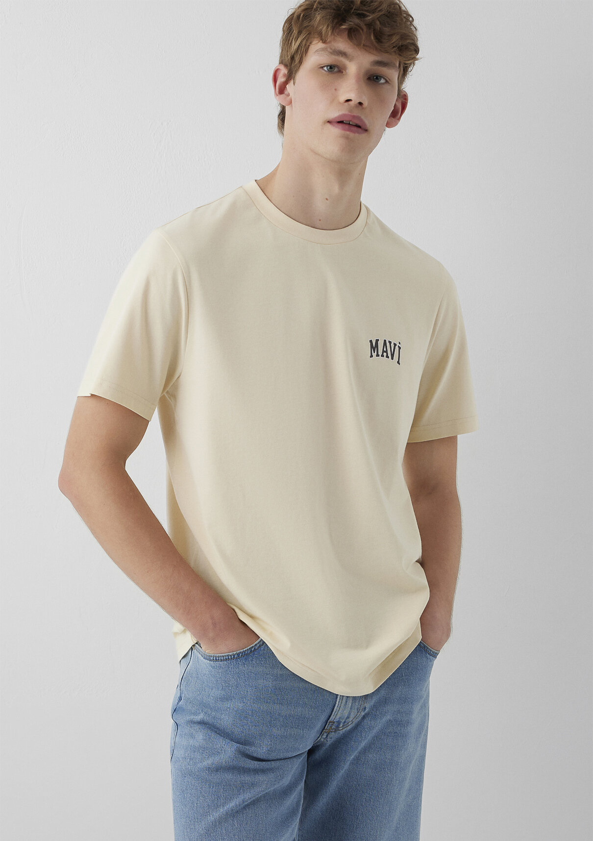 Mavi Logo Baskılı Ekru Tişört görsel 3