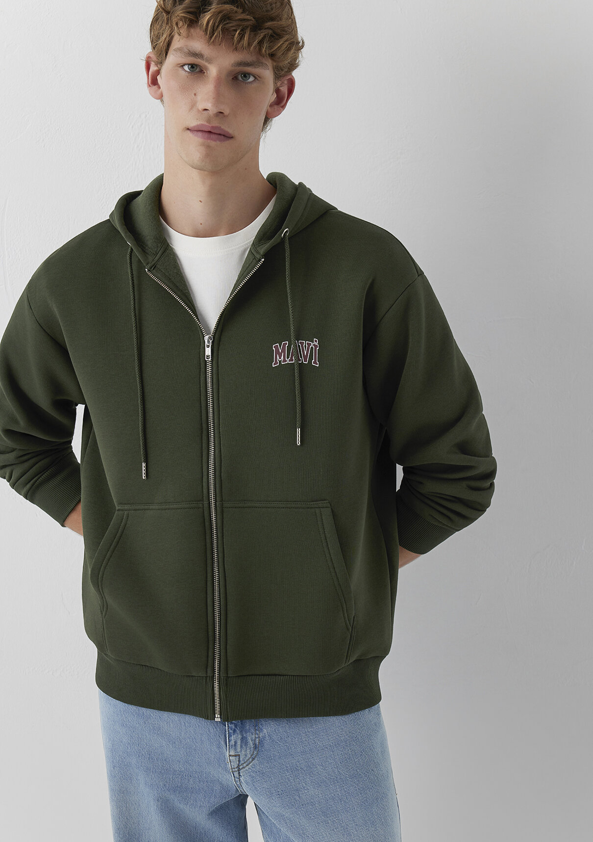 Mavi Logo Baskılı Kapüşonlu Fermuarlı Yeşil Sweatshirt