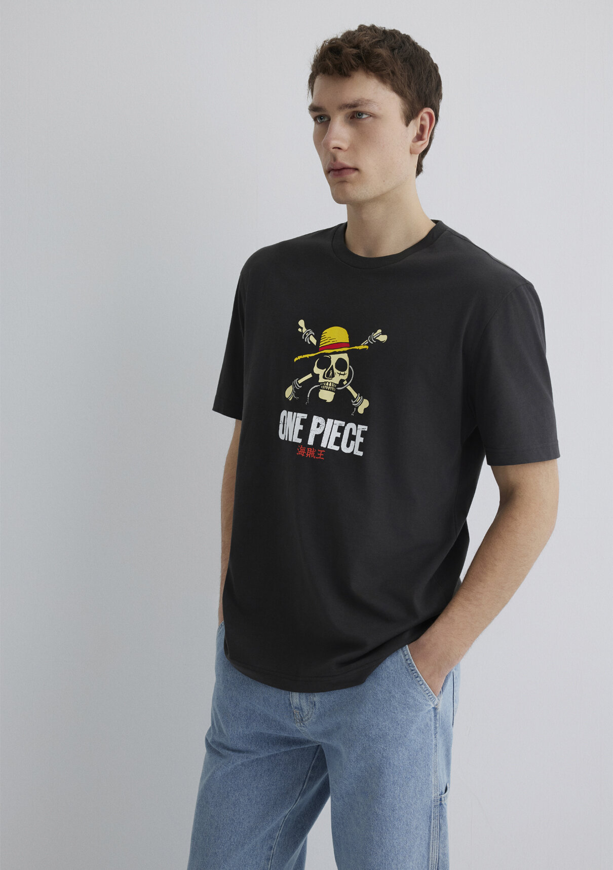 Mavi One Piece Baskılı Antrasit Tişört
