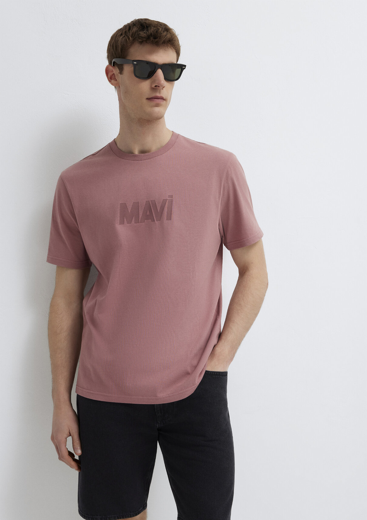 Mavi Logo Baskılı Pembe Tişört görsel 3