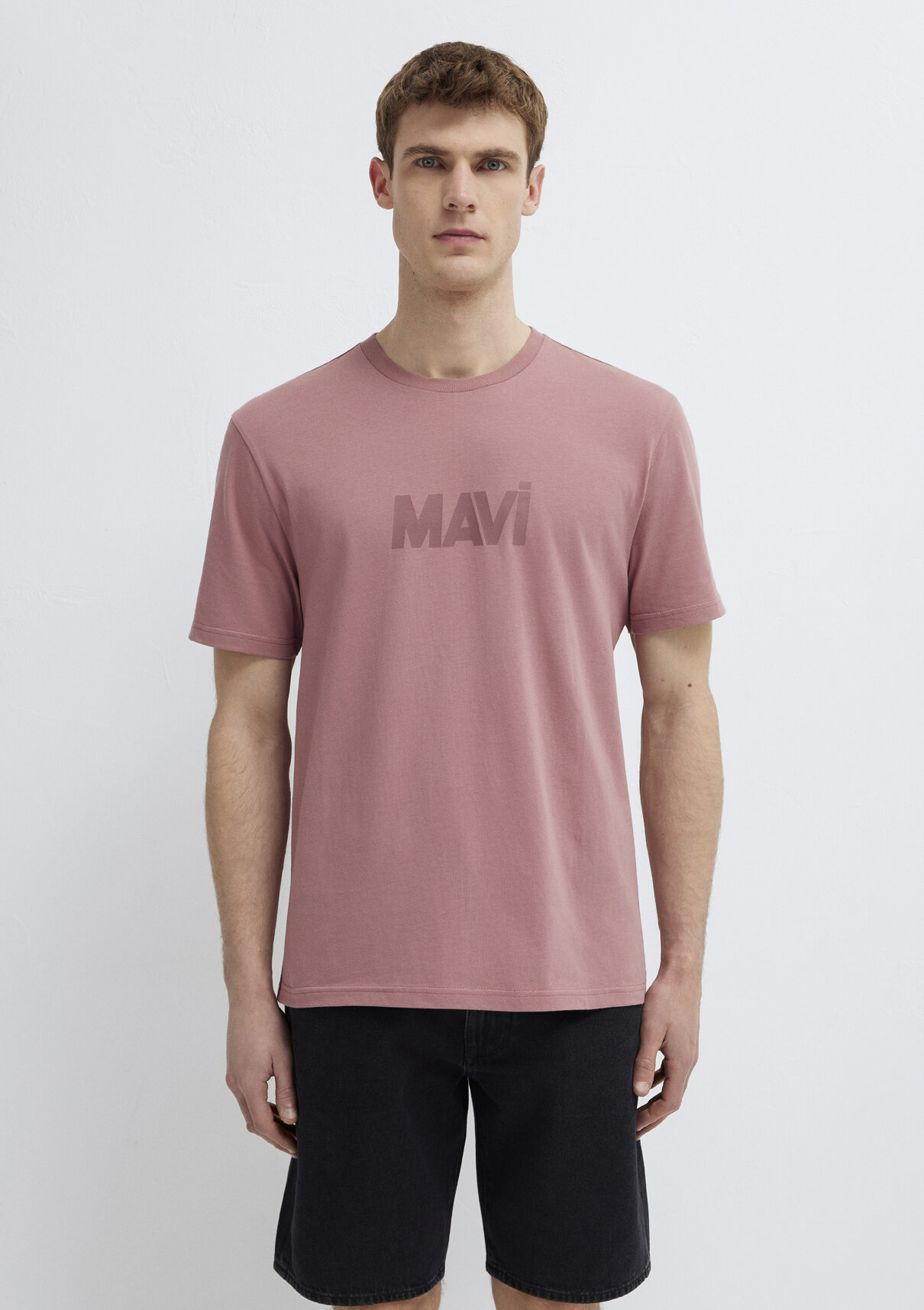 Mavi Logo Baskılı Pembe Tişört görsel 4