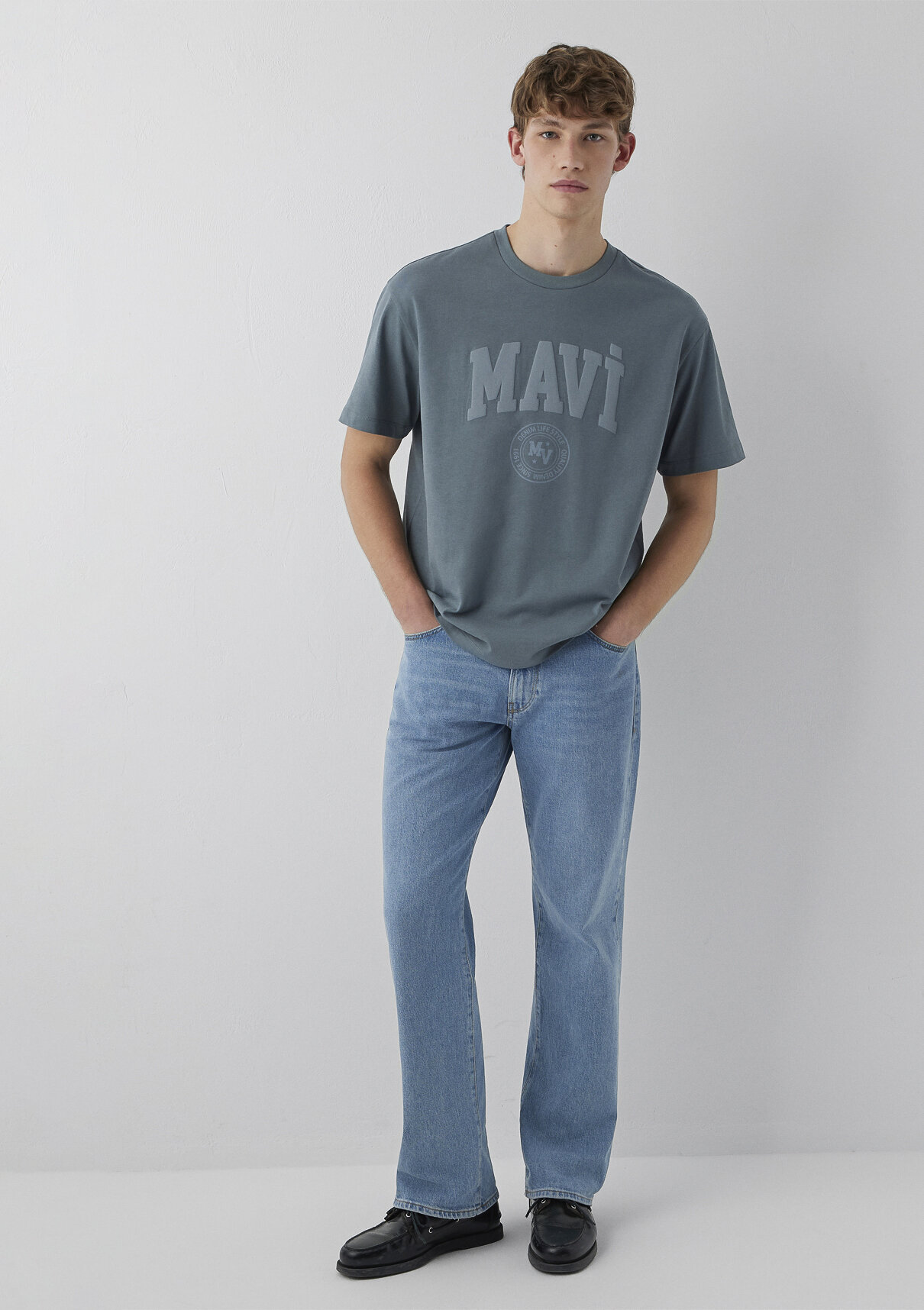 Mavi Logo Baskılı Gri Tişört görsel 2