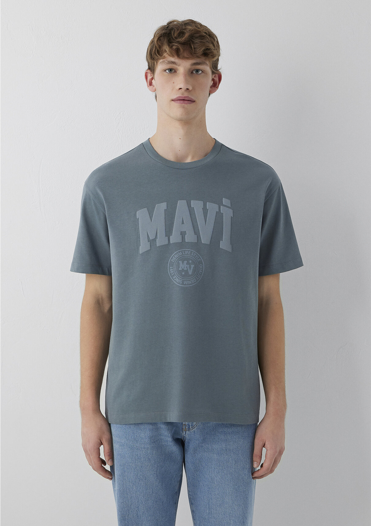 Mavi Logo Baskılı Gri Tişört görsel 3