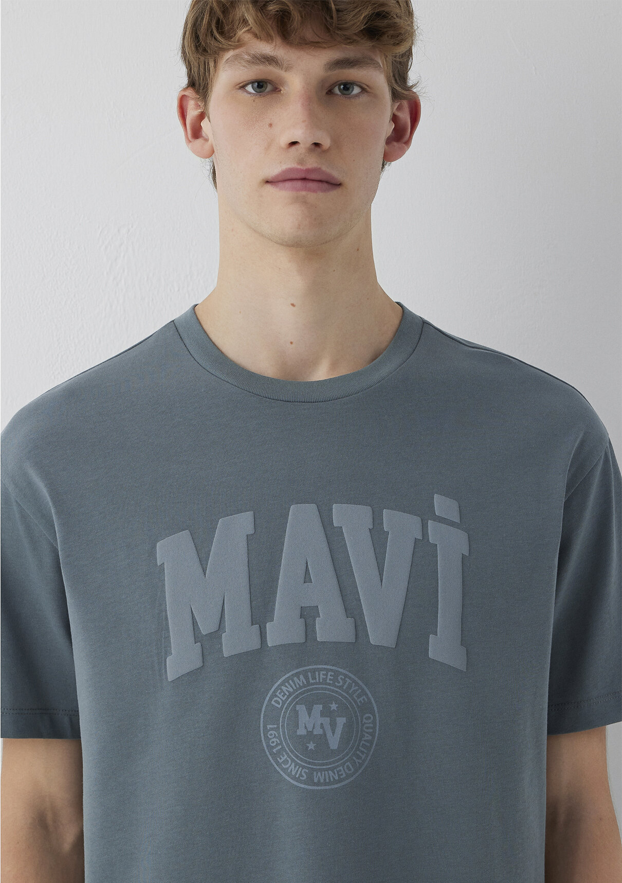 Mavi Logo Baskılı Gri Tişört görsel 6