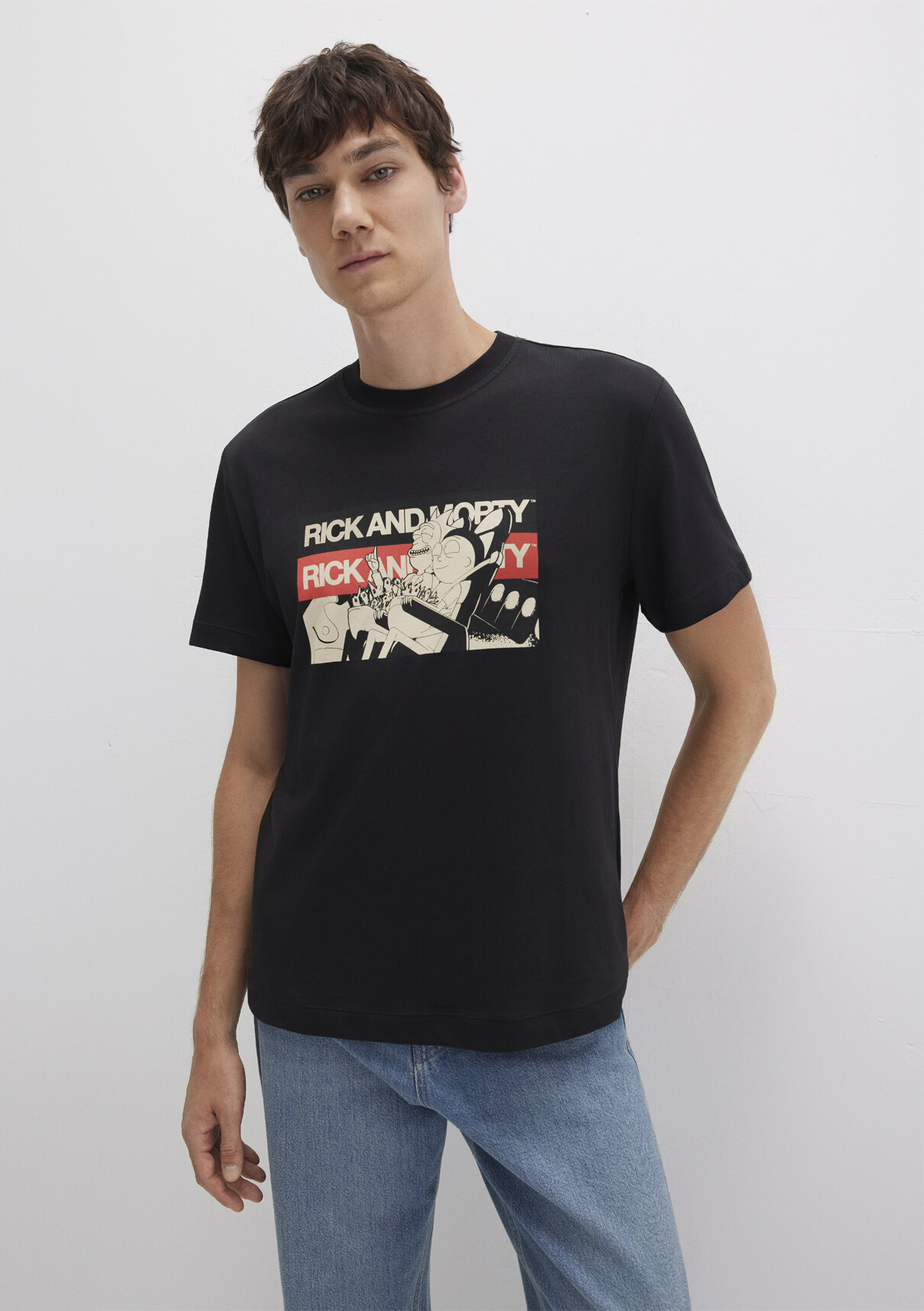 Mavi Rick And Morty Baskılı Siyah Tişört görsel 3