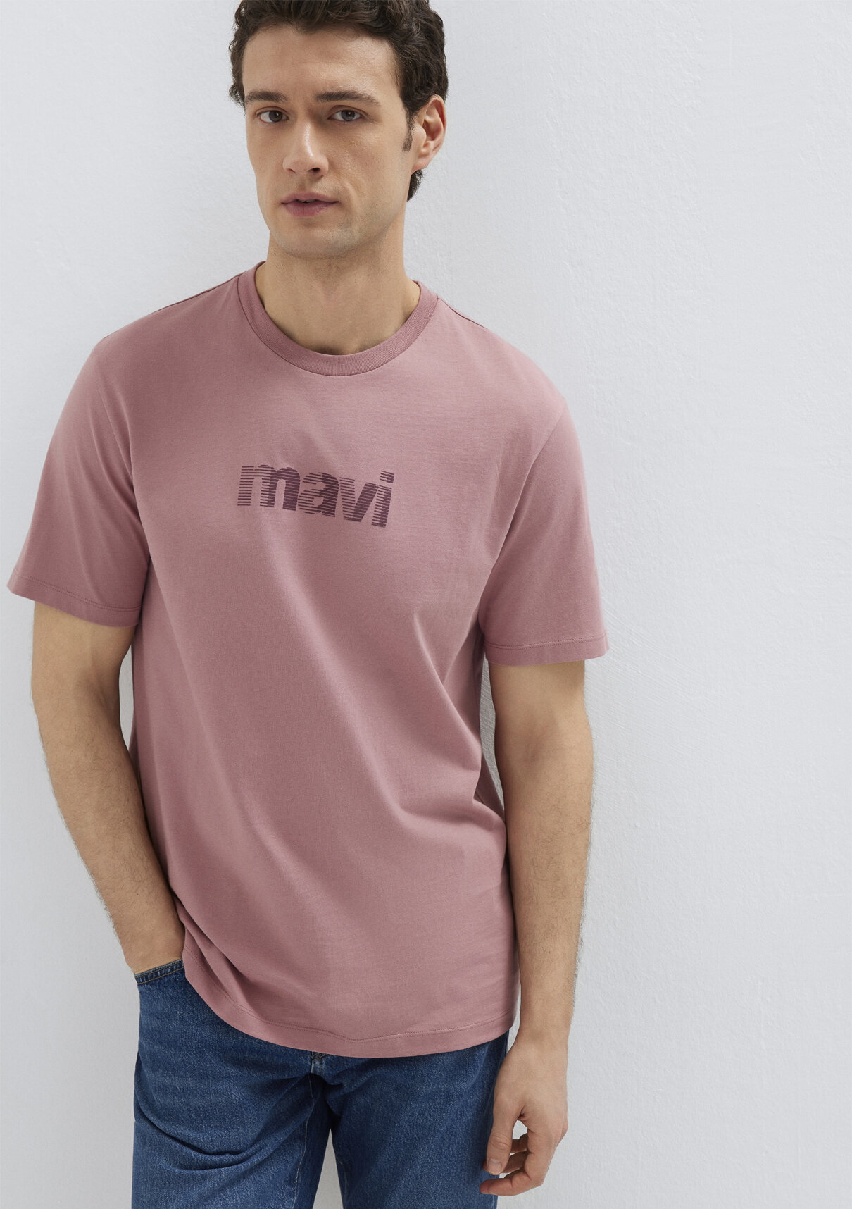 Mavi Logo Baskılı Pembe Tişört