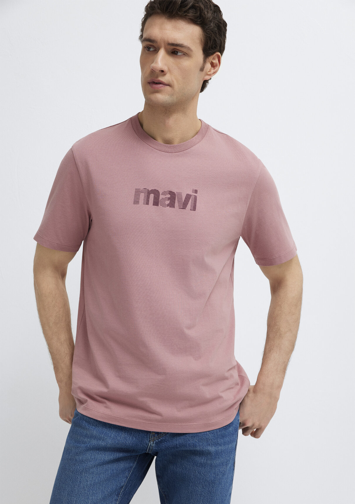 Mavi Logo Baskılı Pembe Tişört görsel 2