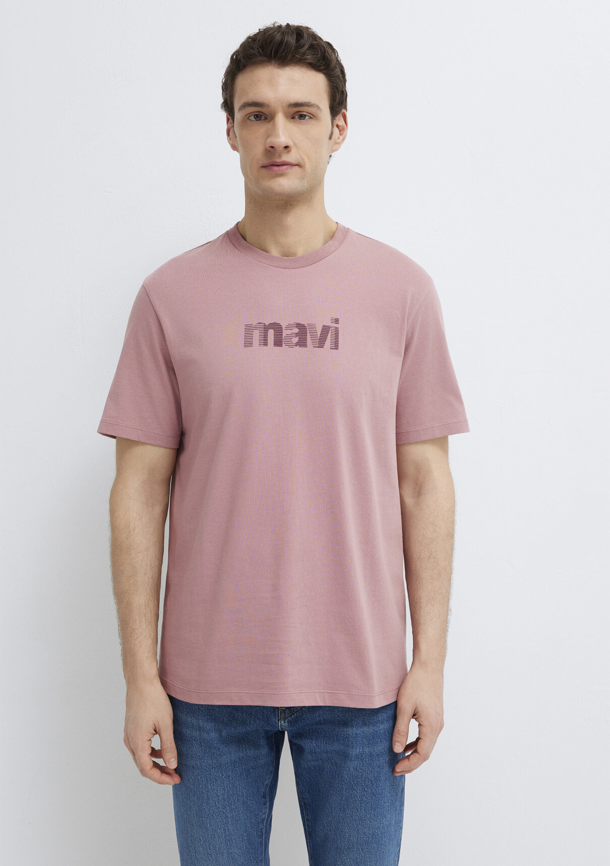 Mavi Logo Baskılı Pembe Tişört görsel 3