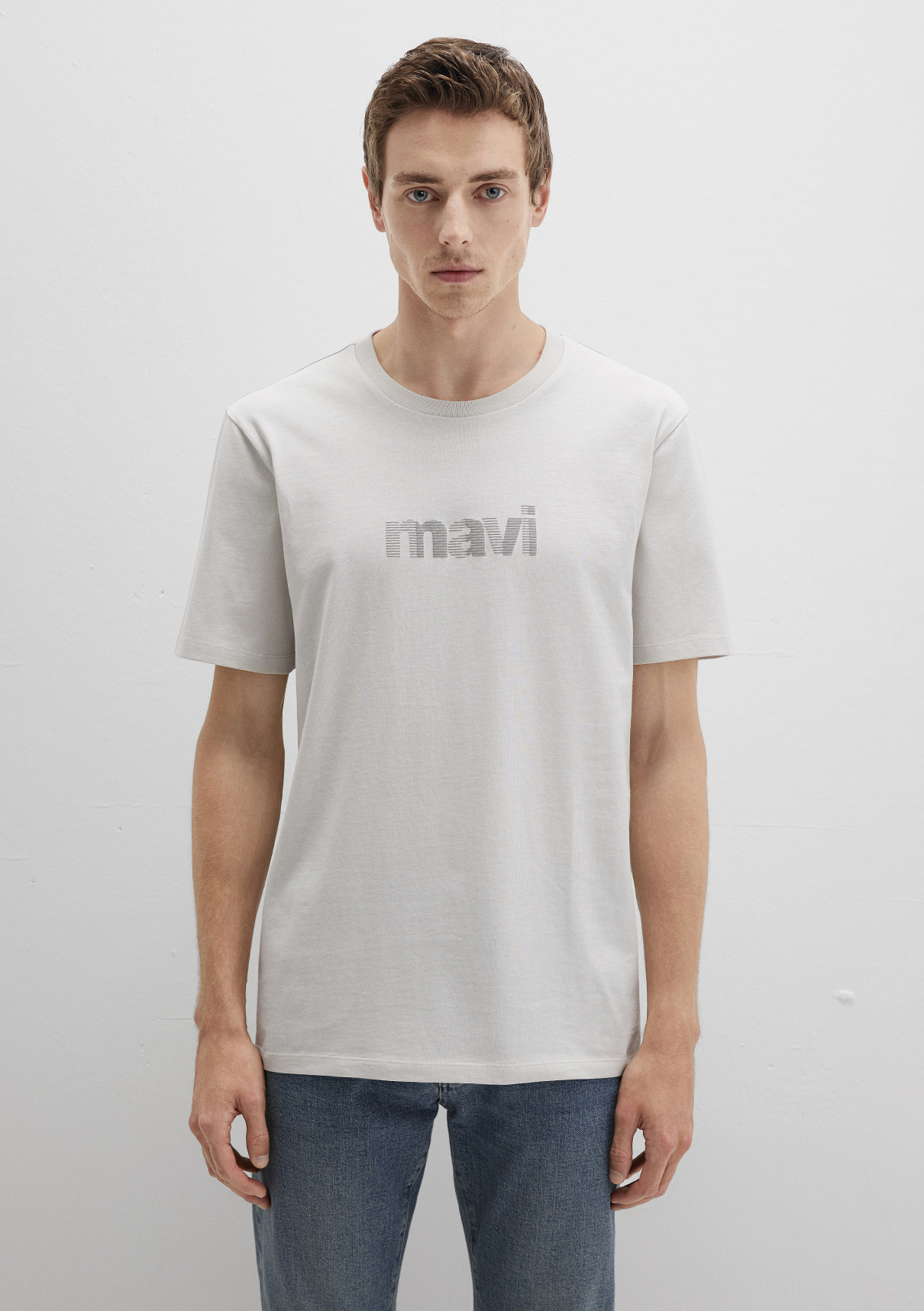 Mavi Logo Baskılı Gri Tişört görsel 3