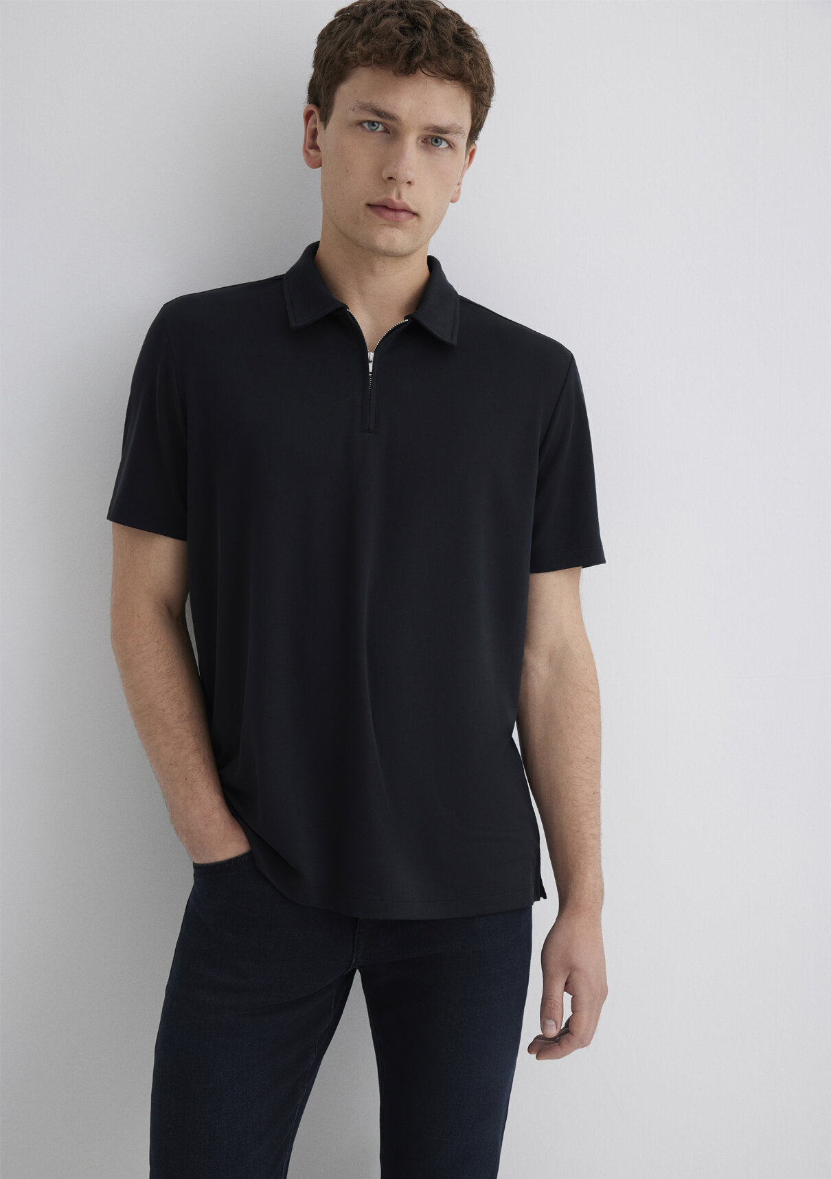 Mavi Soft-Premium Siyah (TENCEL™) Modal Karışımlı Yarı Fermuarlı Polo Tişört