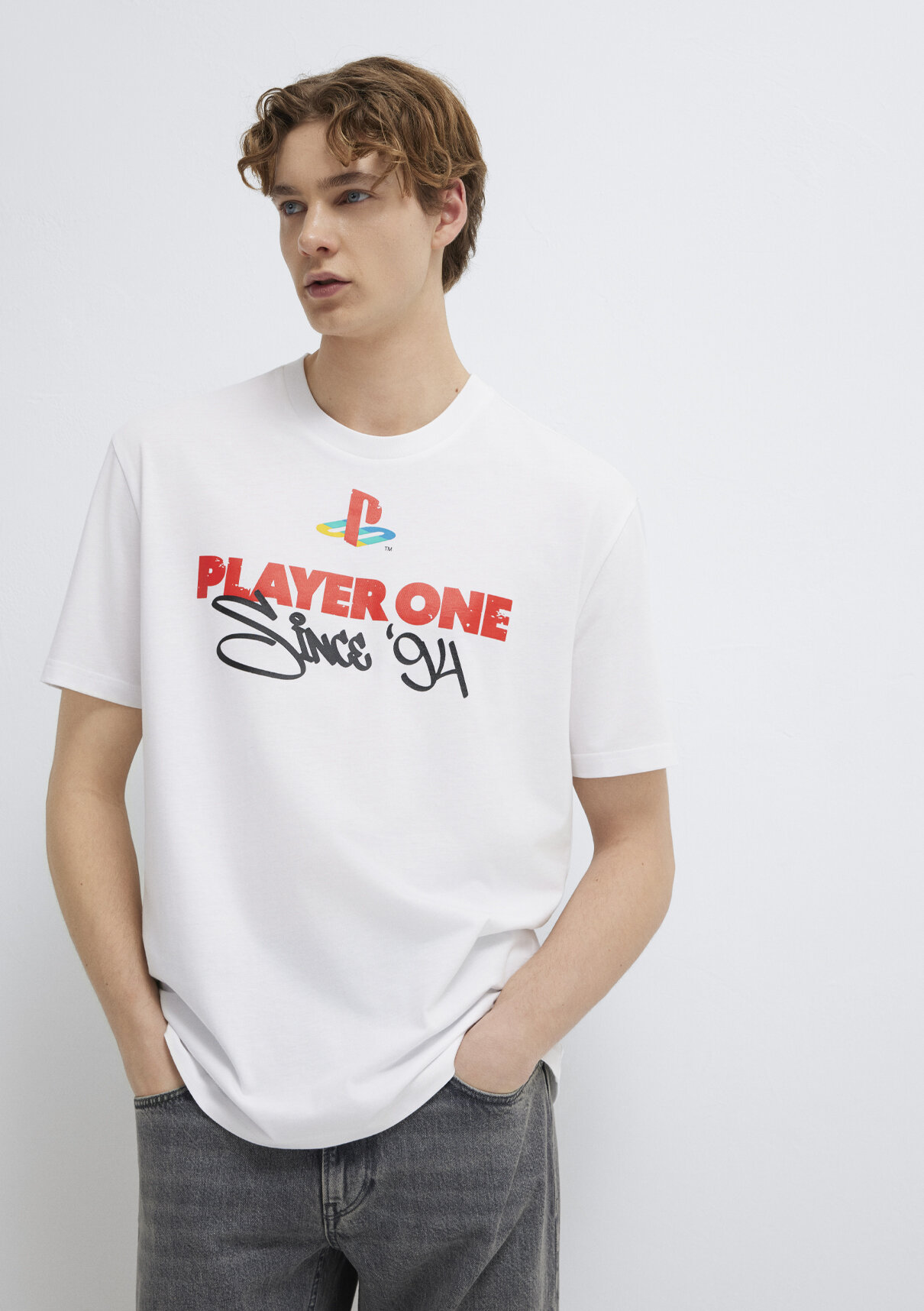 Mavi Player One Baskılı Beyaz Tişört görsel 3