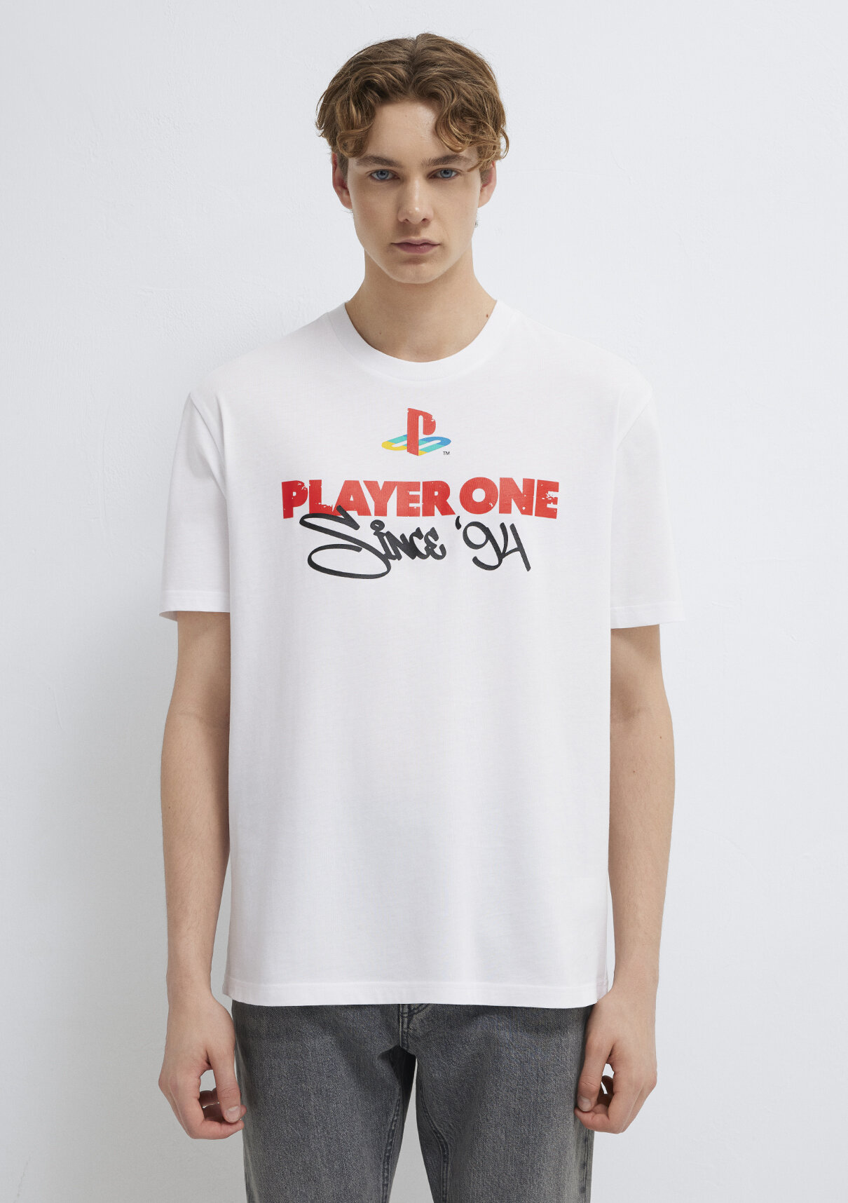 Mavi Player One Baskılı Beyaz Tişört görsel 4