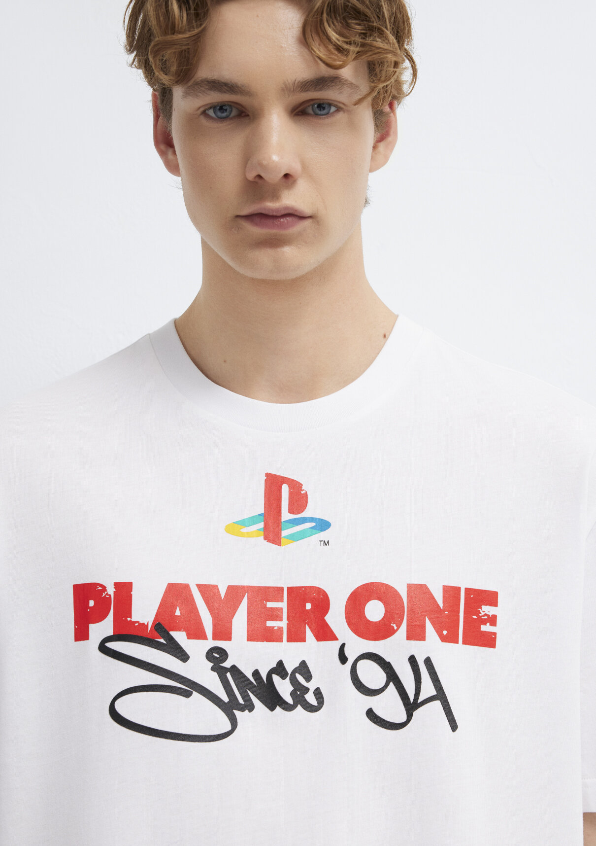 Mavi Player One Baskılı Beyaz Tişört görsel 7