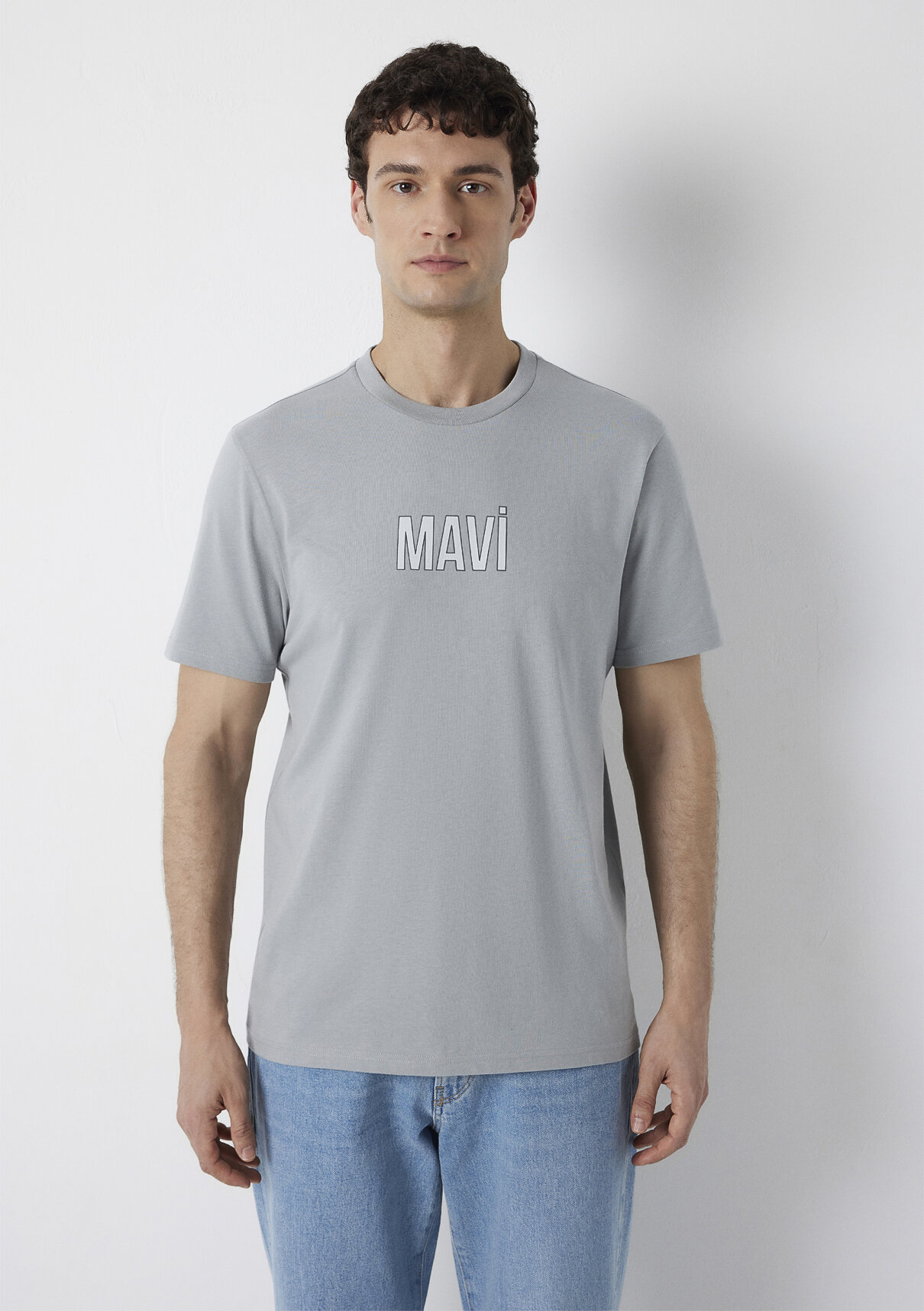 Mavi Logo Baskılı Gri Tişört görsel 3