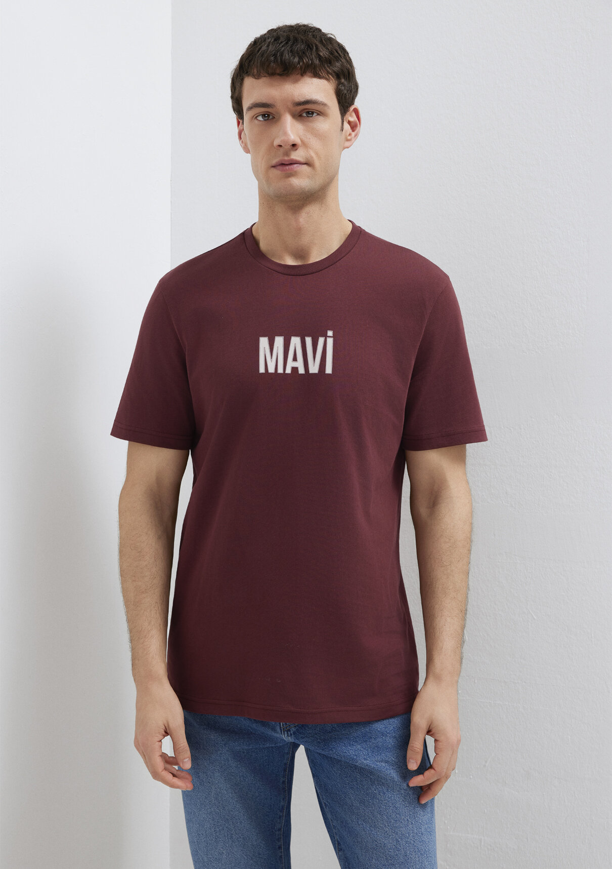 Mavi Logo Baskılı Bordo Tişört