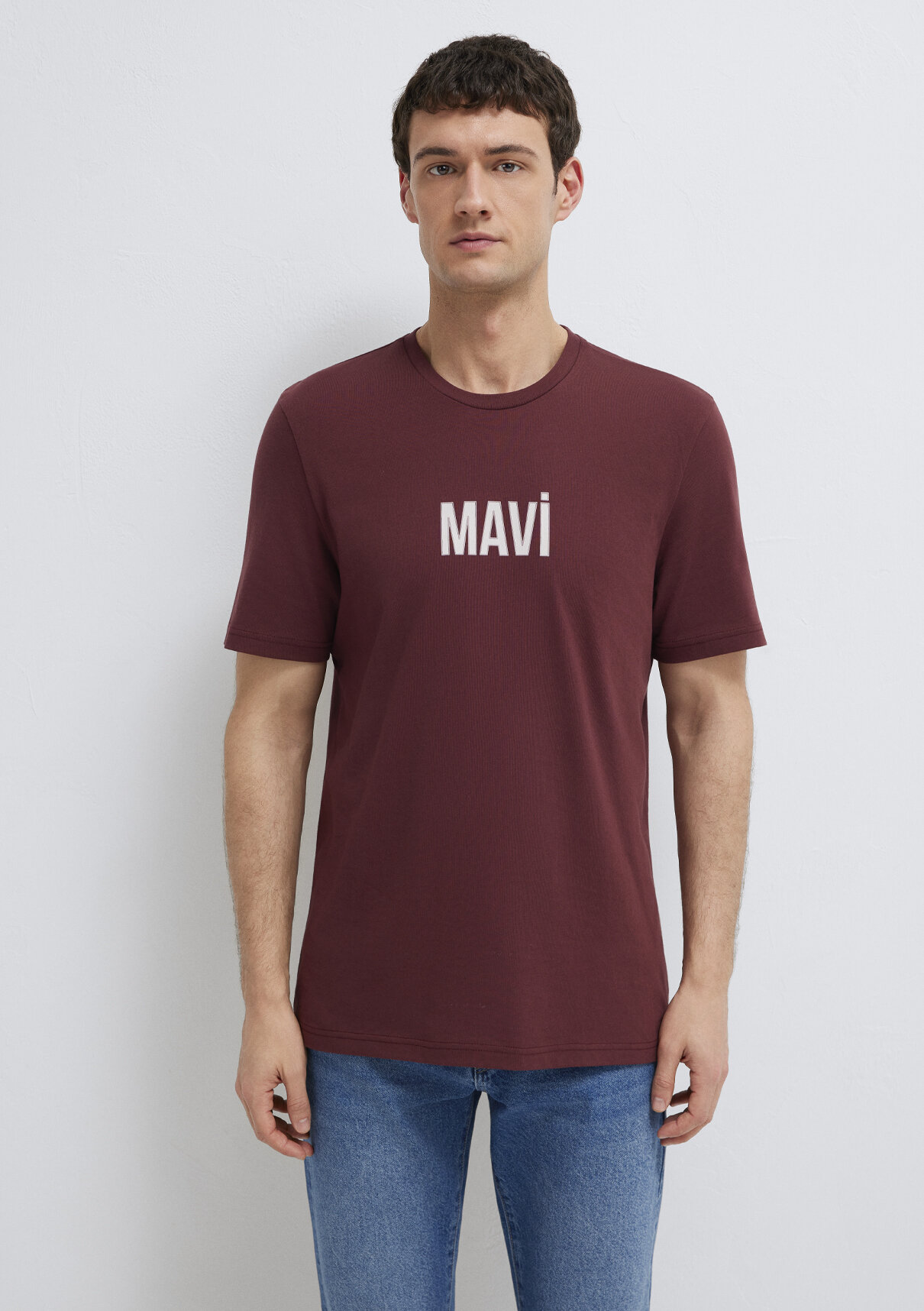 Mavi Logo Baskılı Bordo Tişört görsel 3