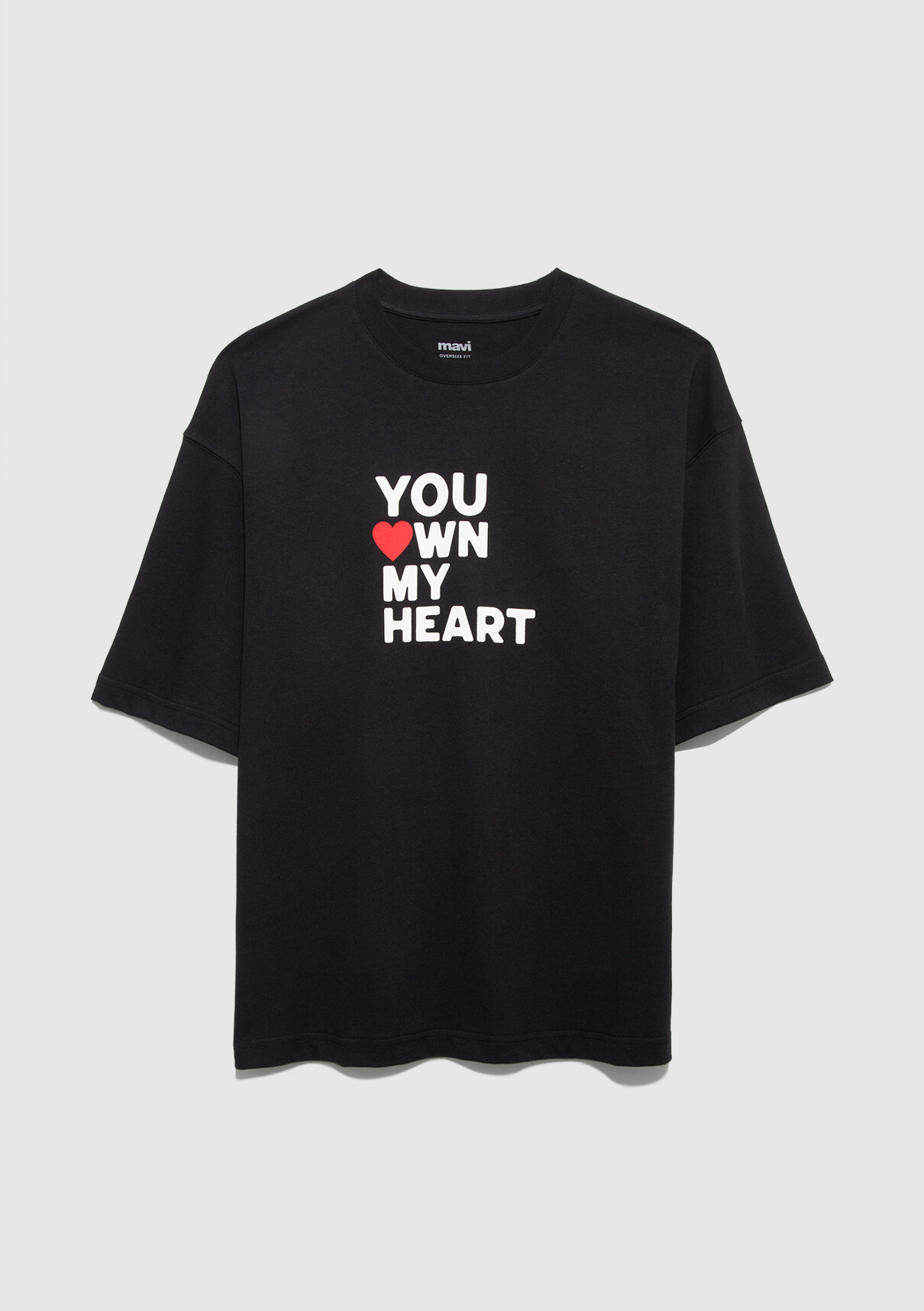 Mavi You Own My Heart Baskılı Siyah Tişört görsel 7