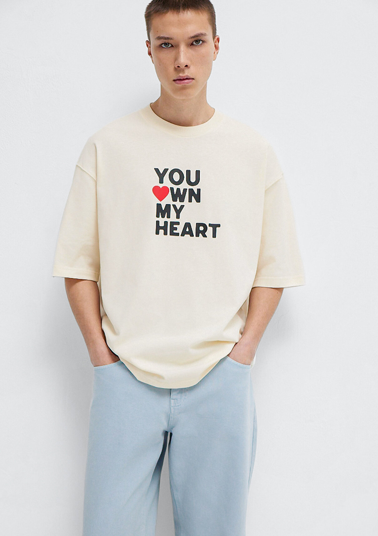 Mavi You Own My Heart Baskılı Ekru Tişört görsel 3