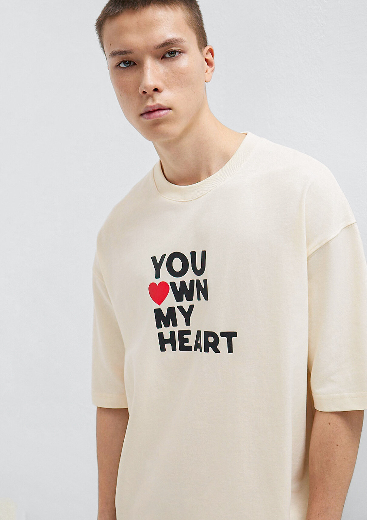 Mavi You Own My Heart Baskılı Ekru Tişört görsel 4