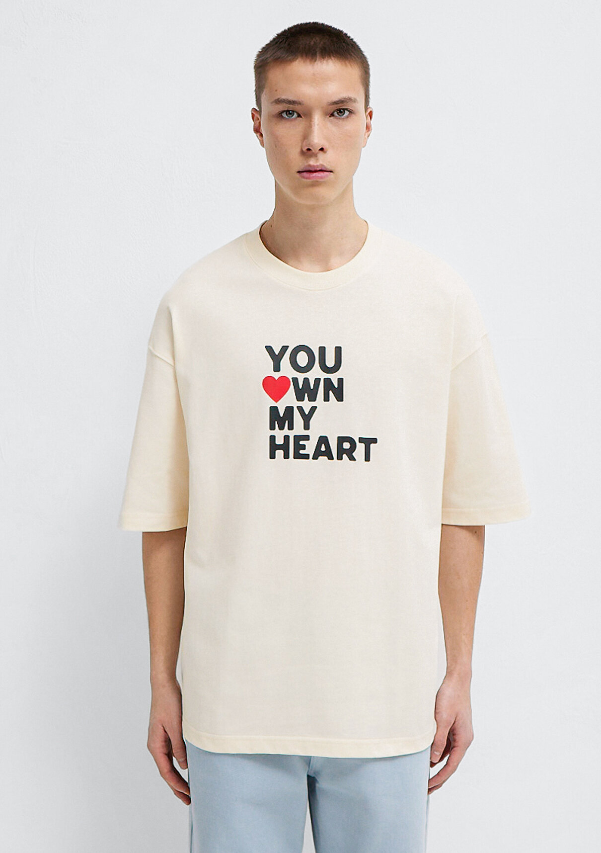 Mavi You Own My Heart Baskılı Ekru Tişört görsel 6