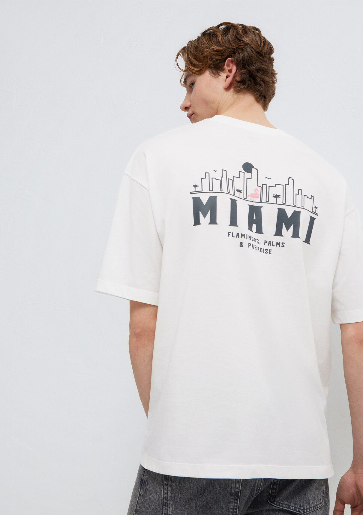 Mavi Miami Baskılı Ekru Tişört
