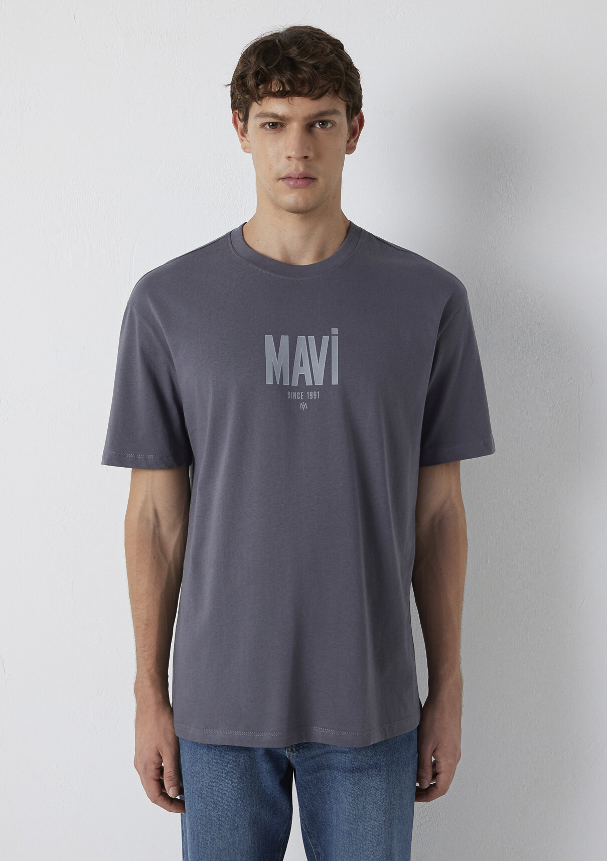 Mavi Logo Baskılı Gri Tişört görsel 4