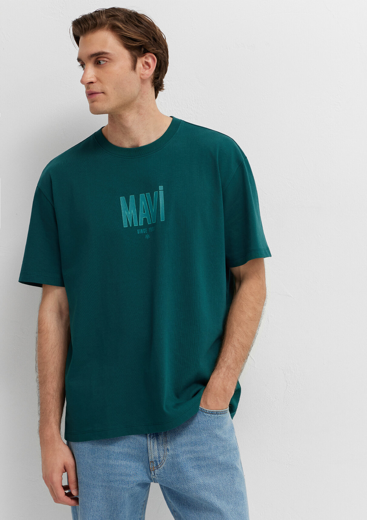 Mavi Logo Baskılı Yeşil Tişört