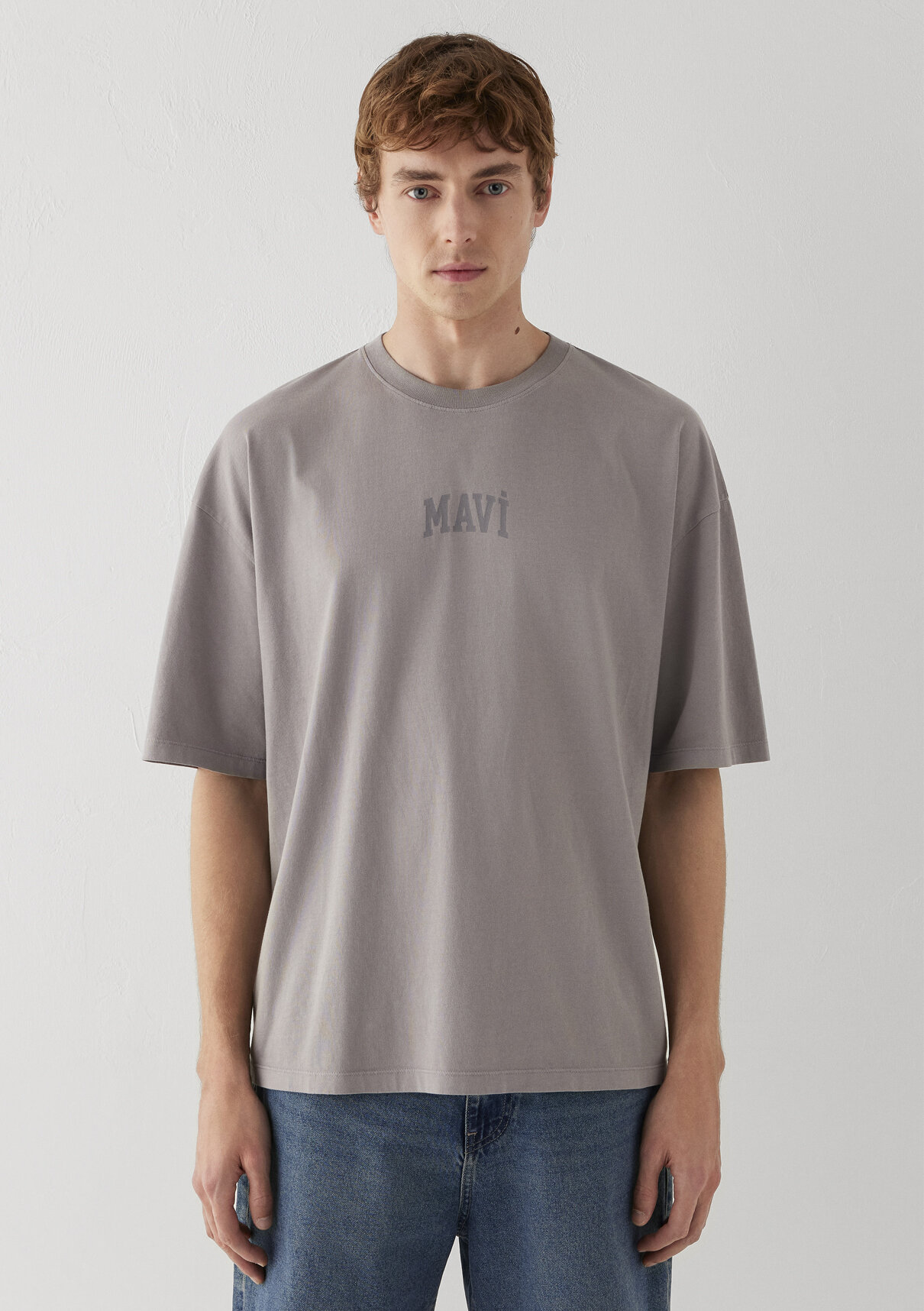 Mavi Logo Baskılı Gri Tişört görsel 4