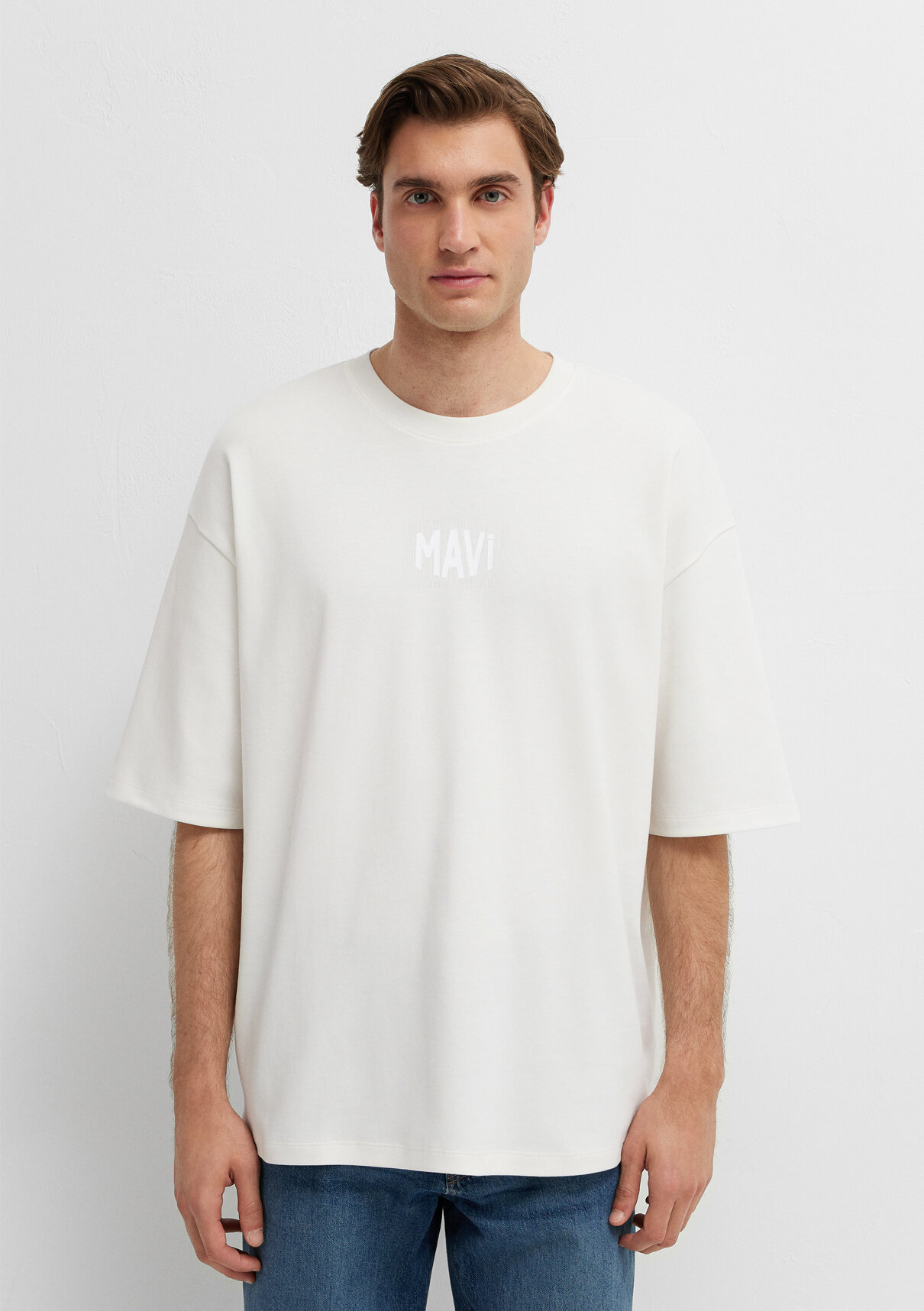 Mavi Logo Baskılı Ekru Tişört görsel 3