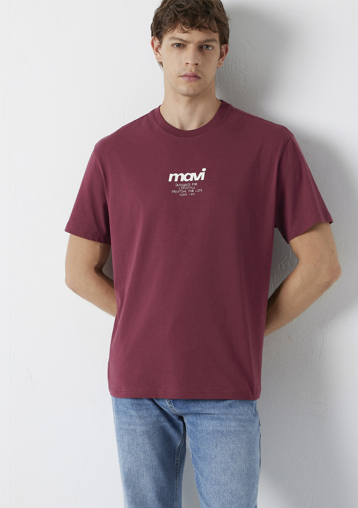 Mavi Logo Baskılı Bordo Tişört